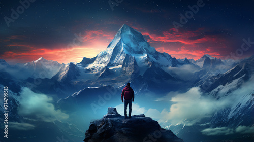 A man gazes at a majestic mountain view, captivated by the breathtaking scenery. The image reflects the awe-inspiring connection between humanity and the beauty of nature. photo