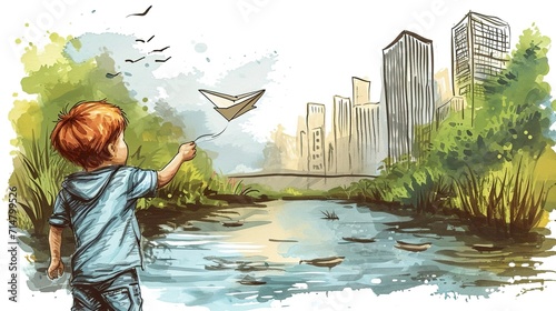 Cute, happy boy launches a paper plane in a creek with a city in the background. Color illustration in ink sketch style