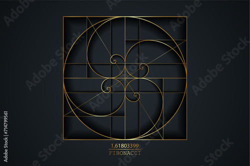Fibonacci Sequence Spirals. Golden ratio. Gold Geometric shapes spiral in golden proportion, minimalist line art luxury design. Vector circular Logo icon isolated on black background photo