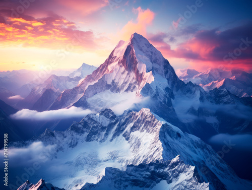 Sunset alpenglow on a majestic mountain summit above the clouds. Generative AI