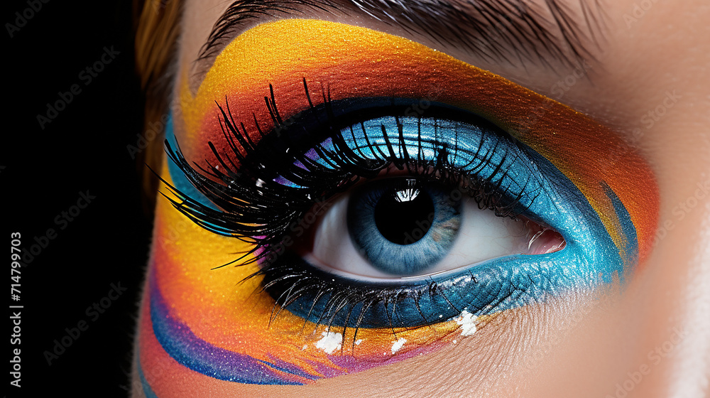 creative makeup concept with blue eye with colorful makeup.
