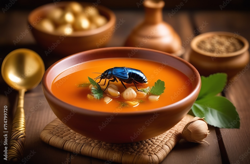 A bowl of soup on the table, a beetle sits in the soup, insect food, an aesthetic cockroach dish A bowl of soup on the table, a beetle sits in the soup, insect food, an aesthetic cockroach dish