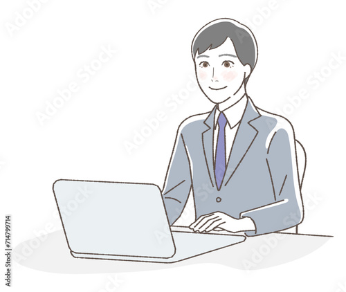 Illustration of a businessman operating a computer, upper body.