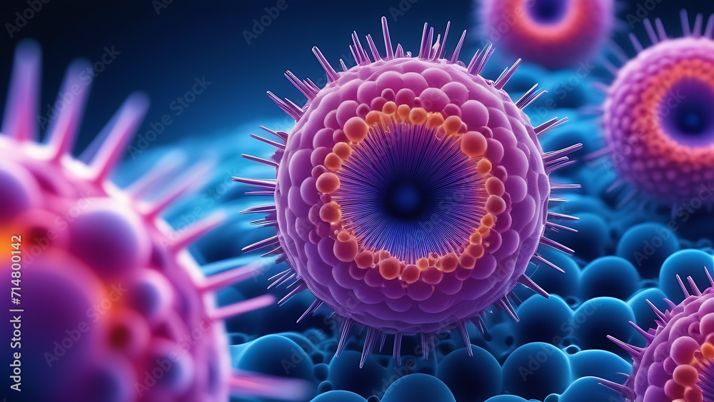 Close-up abstract virus cells or bacteria. Purple and blue gradient color, blue background