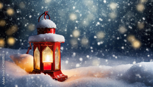 Christmas red lantern in snow, nature and snowfall, seasonal scene, winter holiday background © happyjack29