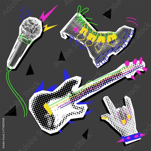 A set of rocker objects collage in the style of grunge pop art. Guitar, microphone, hand, shoe. Black and white dots with colored inserts. It looks like a clipping from a magazine. Bright doodles