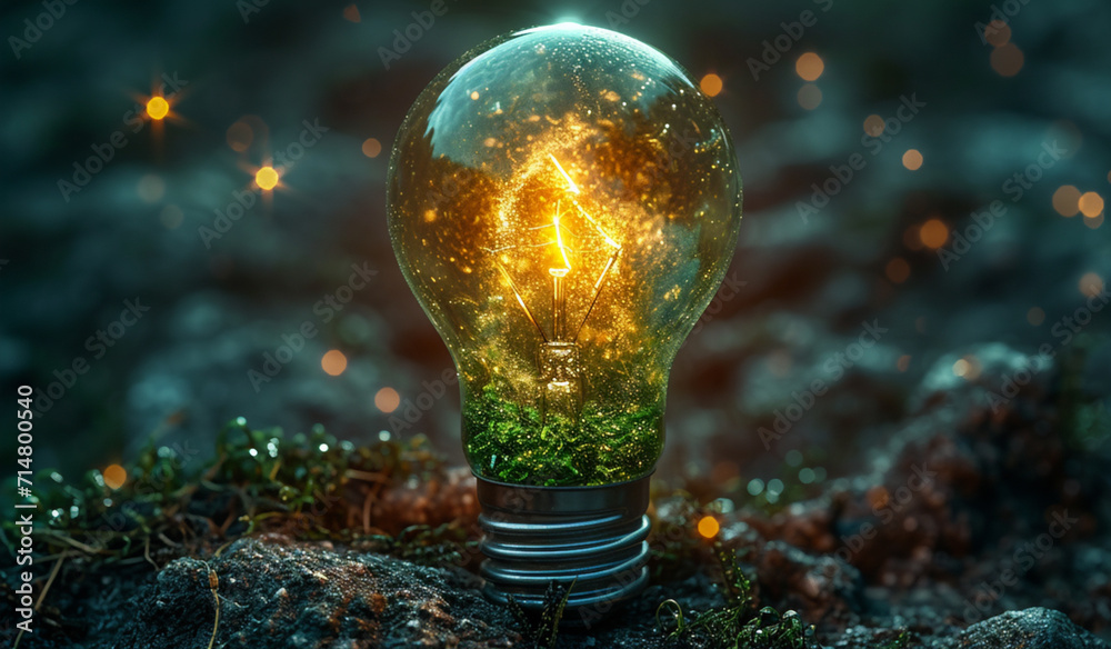 A light bulb with a glowing green plant inside of it. Generative AI - obrazy, fototapety, plakaty 