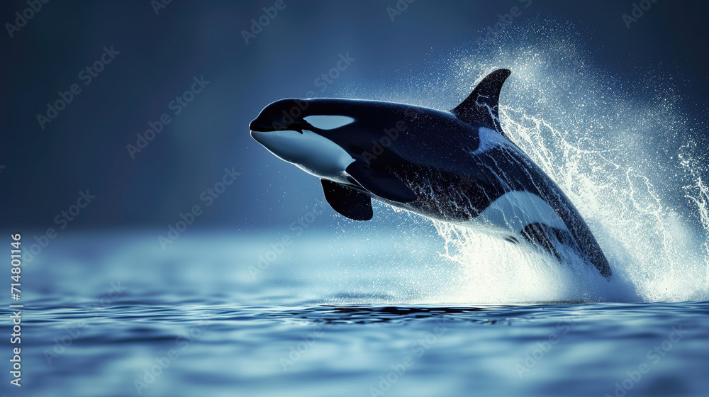 Fototapeta premium Orca whale breaching ocean surface with splashes.