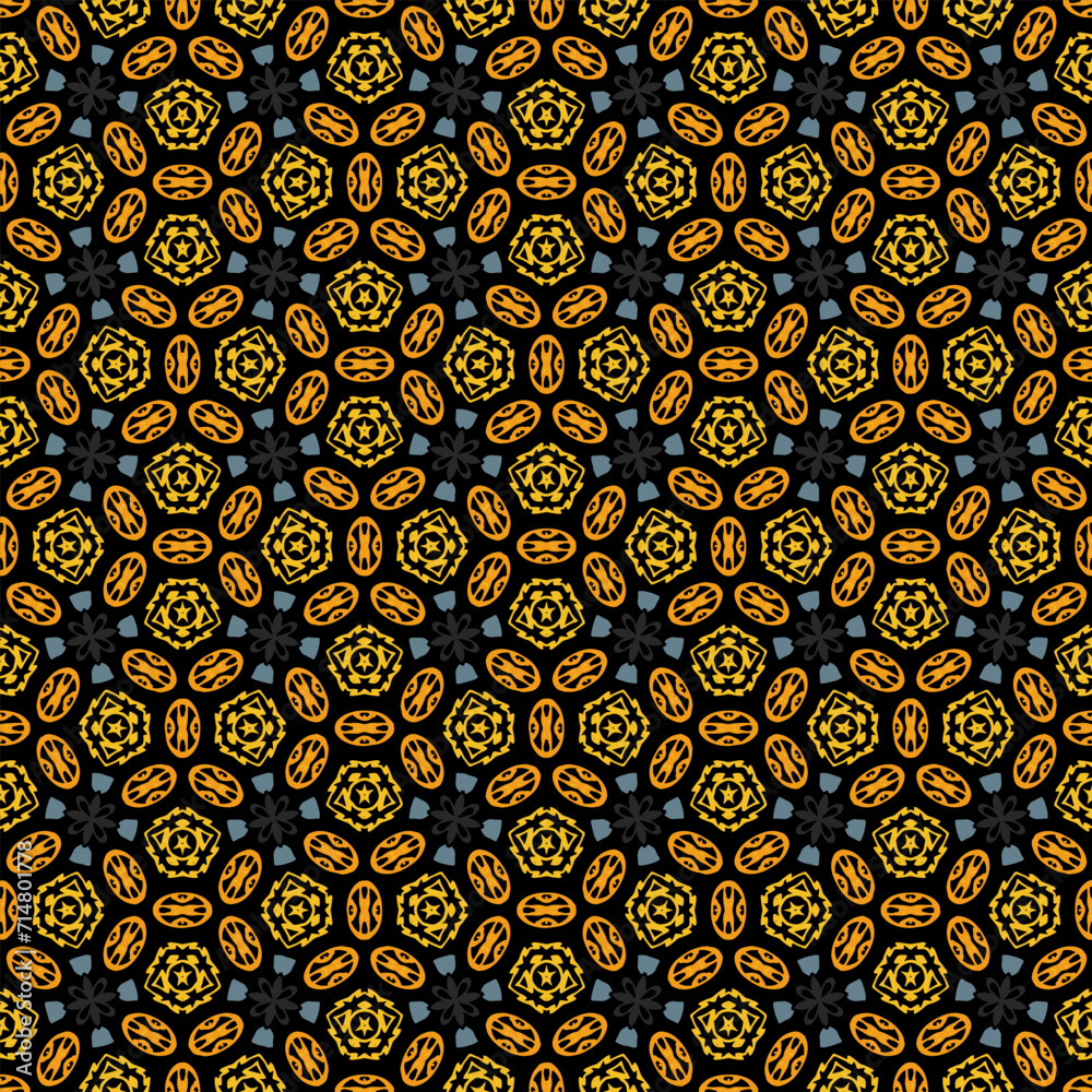 Abstract vector seamless pattern, bright geometric shapes on dark background