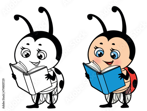 Cute cartoon ladybug read a book color variation and putlined for coloring page on white background