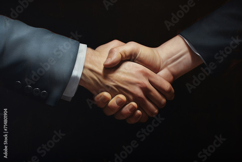Close up two man shaking hand on dark background. photo