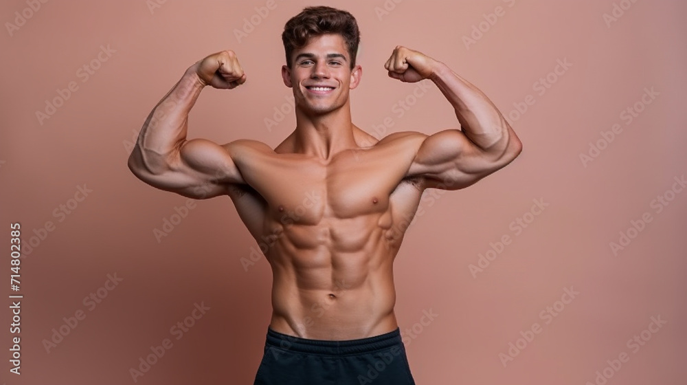 Fit, athletic man showing his muscles on colored background