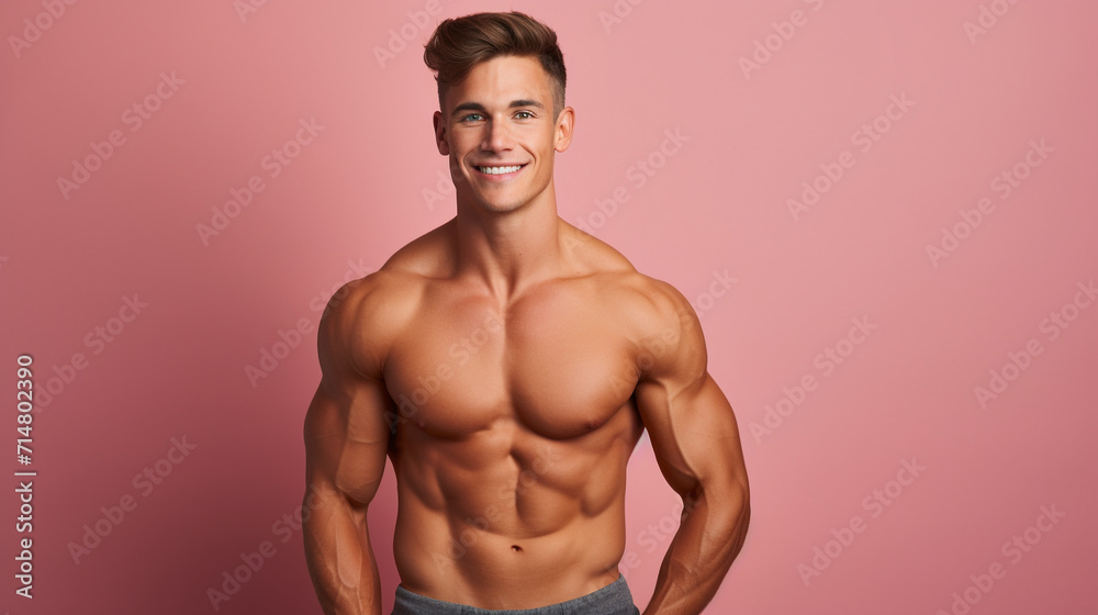 Fit, athletic man showing his muscles on colored background