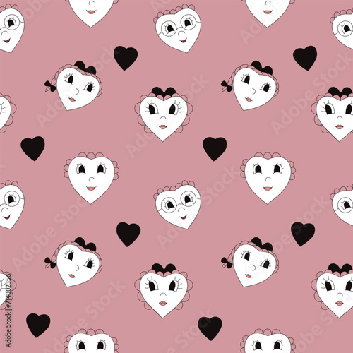 Fototapeta Naklejka Na Ścianę i Meble -  Cute pattern with anthropomorphic hearts, seamless background with a variety of hearts.