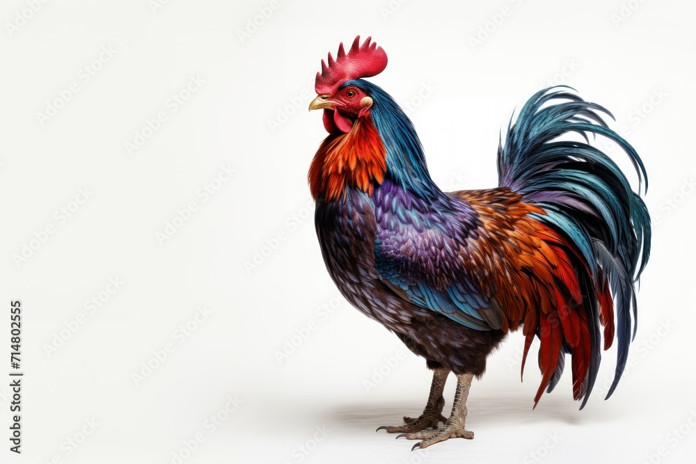 Colorful rooster showcasing vibrant feathers, posed standing.