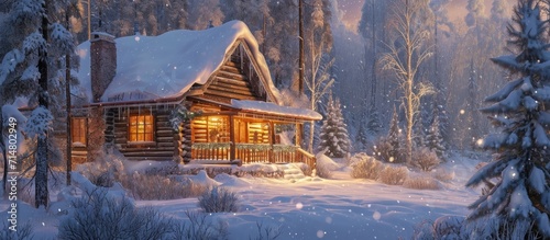 Winter cabin in a forest made of wood. photo