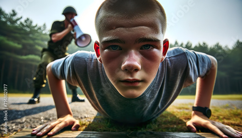 Young boy at a military style school does press ups while his instructor barks orders. Such schools try to instill qualities in the students like honor, integrity, duty, service and self-discipline photo