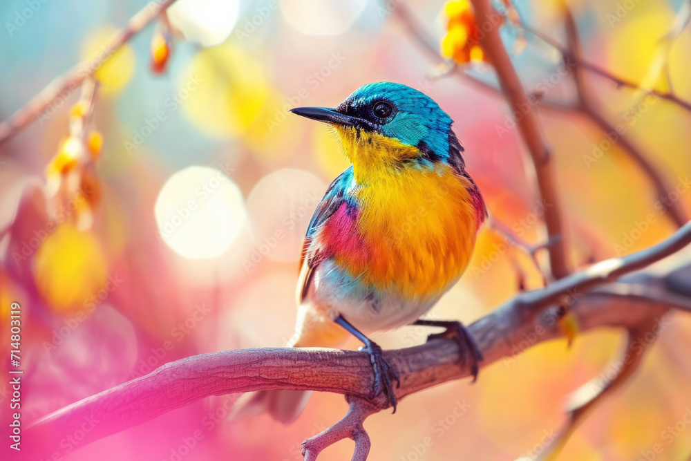 a colorful bird perched on a branch in a natural outdoor setting. It showcases the vibrant feathers and the bird's interaction with its environment. The bird its vibrant feathers are prominently 
