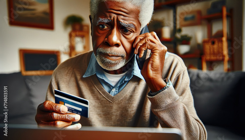 An Elderly African American man enters his credit card information online via his laptop connected to the internet. Many elderly ones are vulnerable to online scams photo