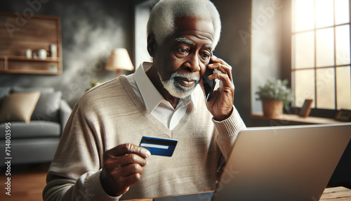 An Elderly African American man enters his credit card information online via his laptop connected to the internet. Many elderly ones are vulnerable to online scams photo