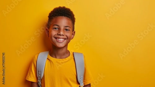 Happy smiling 10 year-old mixed race boy with backpack and books ready to go to school isolated on yellow background with copy spcae photo