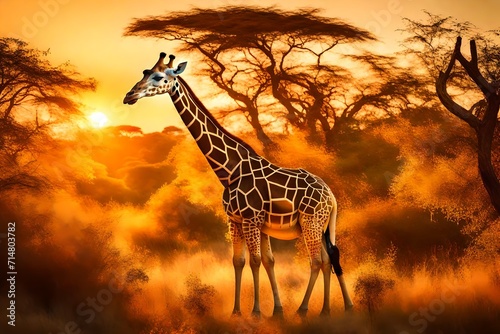 A majestic giraffe gracefully roams through an enchanted forest bathed in the warm hues of a mesmerizing sunset.  