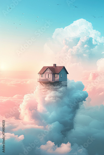 A fantasy house above clouds in the sky photo