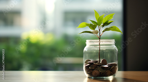 A small plant growing out of a coin jar on the office table, Money and investment concept ,AI generated photo