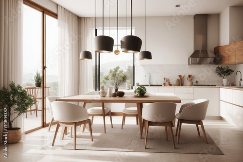 Wallpaper Mural Japandi interior home design of modern dining room with wooden chairs and dining table with wooden furniture and houseplants near the window Torontodigital.ca