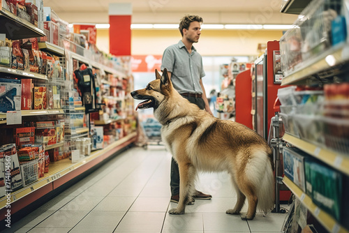 A man and a dog in a pet food store between shelves.
