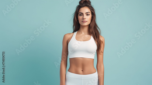 Attractive fit female model on pastel blue background © patternforstock