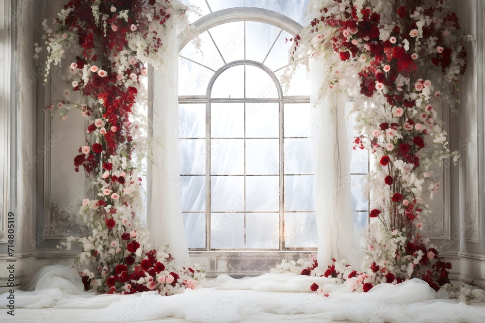 Background wedding luxurious white room with flowers generate AI