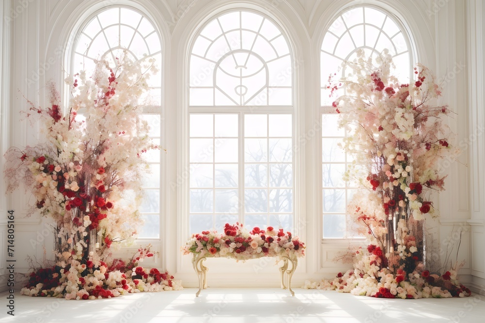 Background wedding luxurious white room with flowers generate AI