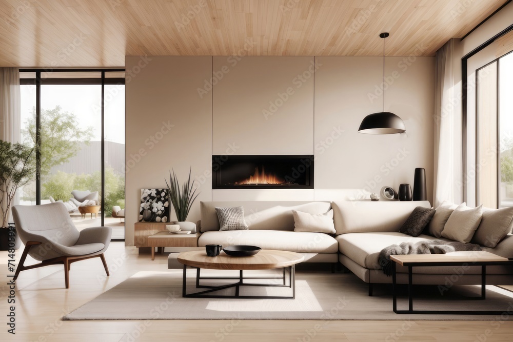 Japandia interior home design of modern living room with beige sofa and round wooden table with fireplace and wooden furniture near the window Japandia interior home design of modern living room with beige sofa and round wooden table with fireplace and wooden furniture near the window