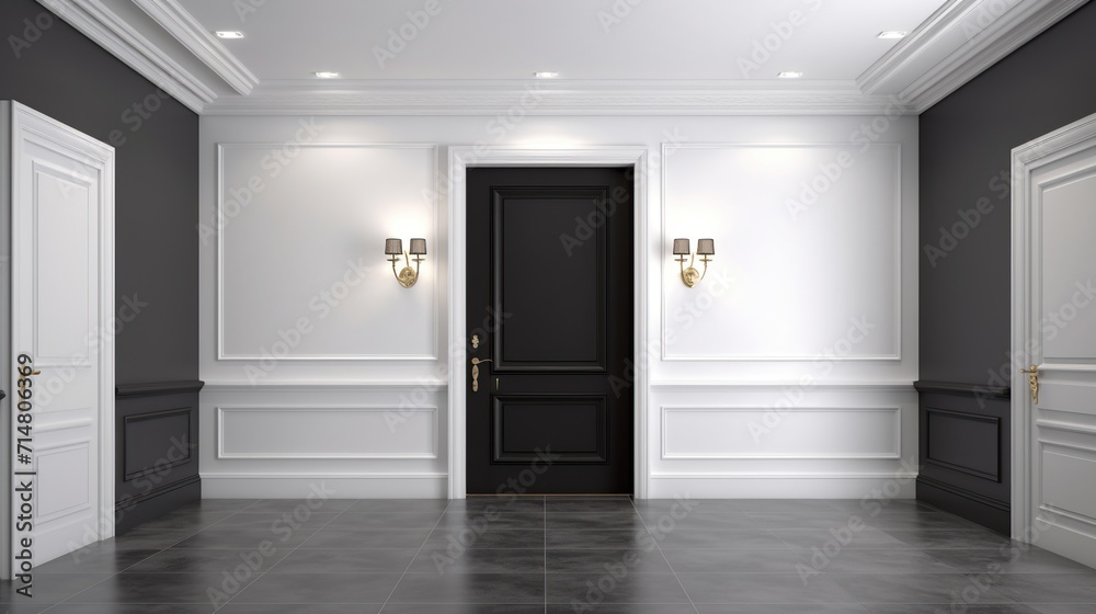 Stylish black front door of modern house with white walls. 3d rendering	
