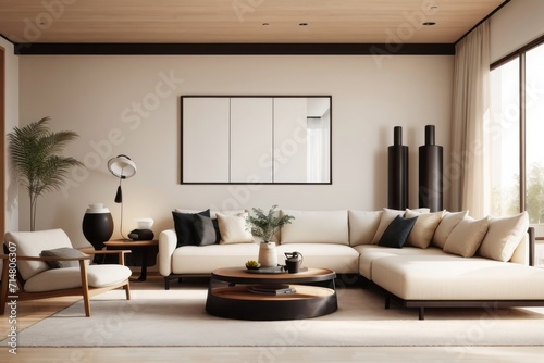 Japandia interior home design of modern living room with beige sofa and round wooden table with fireplace and wooden furniture near the window