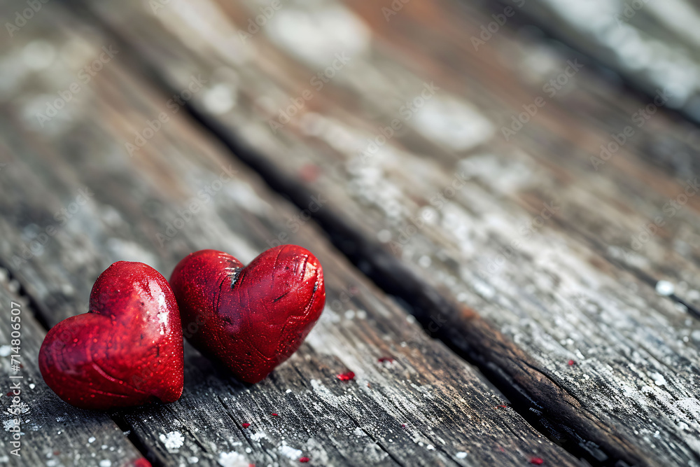Fototapeta premium Two red hearts on rustic wooden background. Romantic love and Valentine's Day concept. Intimate and affectionate still life for design and print