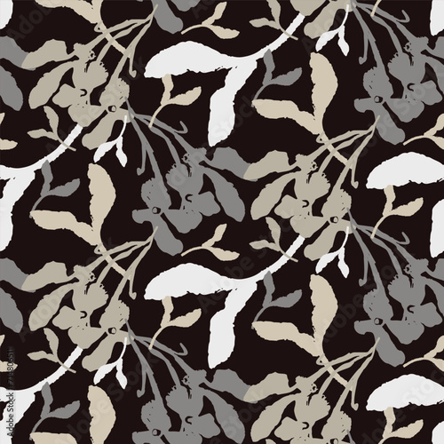 Masculine vector floral pattern with organic botanical shapes. Modern bold black white flower print, design in neutral scandi style.