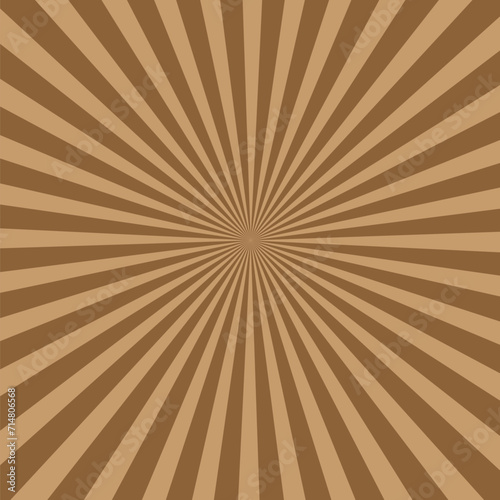 Chocolate burst background. Brown chocolate background with rays. Explosion of sun with fun beams. Chcolate-coffee backdrop. Abstract retro texture with center and sunlight. Vector.