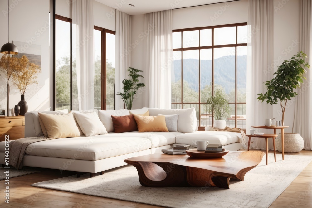 Japandi interior home design of modern living room with beige sofa and live edge coffee table with large window Japandi interior home design of modern living room with beige sofa and live edge coffee table with large window