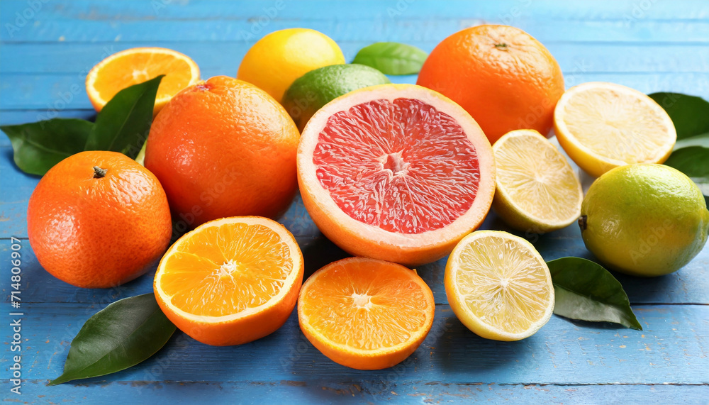 Orange and grapefruit, lime and lemon, whole and cut fresh citrus fruits on the table, organic natural healthy food Orange and grapefruit, lime and lemon, whole and cut fresh citrus fruits on the table, organic natural healthy food