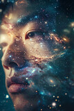 A close up of an Asian man face blended with galaxy