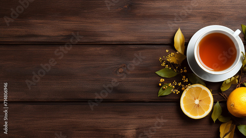 cup of black tea and lemons on wooden table top view
