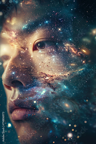 A close up of an Asian man face blended with galaxy