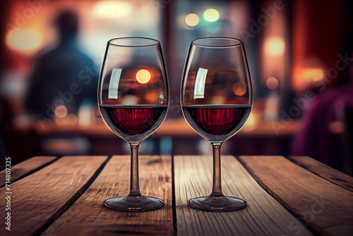 Two glasses of wine on a wooden table in a restaurant in the foreground. In the background is a defocused interior, some people.
