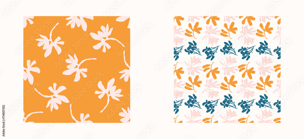 Trendy vector floral pattern set with organic botanical shapes. Modern bold summer flower print, design collection in scandi style.