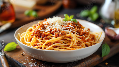 spaghetti bolognese with parmesan basil tomato