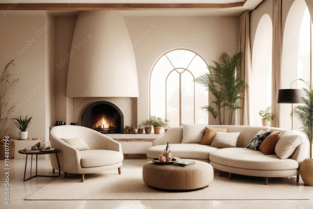 Japandi interior home design of modern living room with curved beige sofa and wooden furniture with houseplants and fireplace against beige wall Japandi interior home design of modern living room with curved beige sofa and wooden furniture with houseplants and fireplace against beige wall