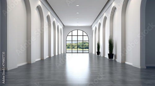 Interior of a long hallway with open doors  clean shiny floors and white walls in a luxury apartment or hotel 