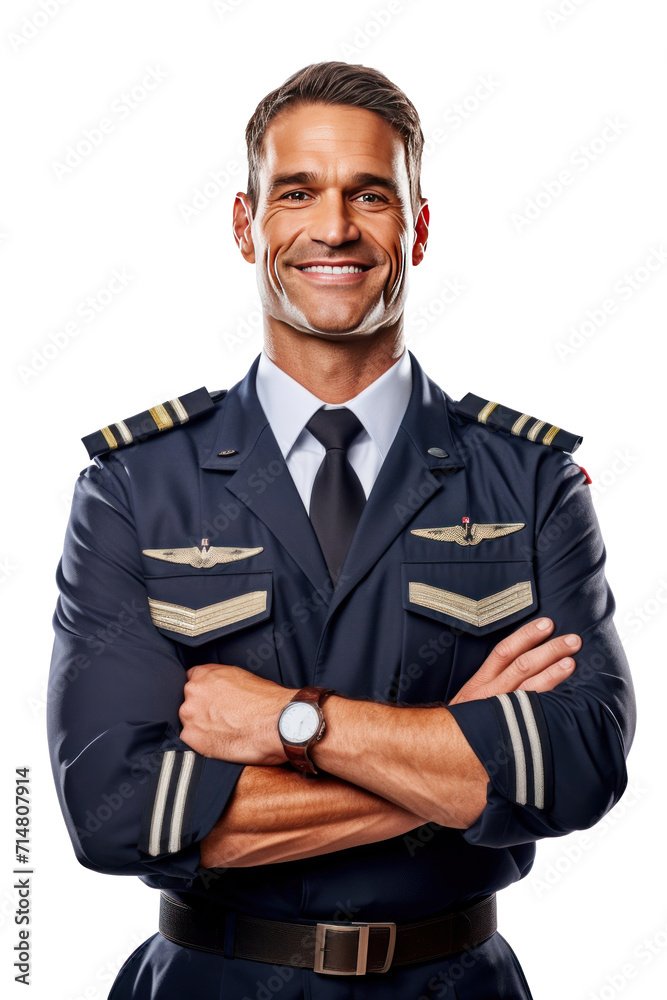 A confident male pilot in uniform keeping arms crossed and smiling while standing isolated on a transparent background. A confident male pilot in uniform keeping arms crossed and smiling while standing isolated on a transparent background.